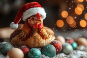 KI-generiertes Bild eines Huhns mit Weihnachtsmütze in Festlicher Umgebung.